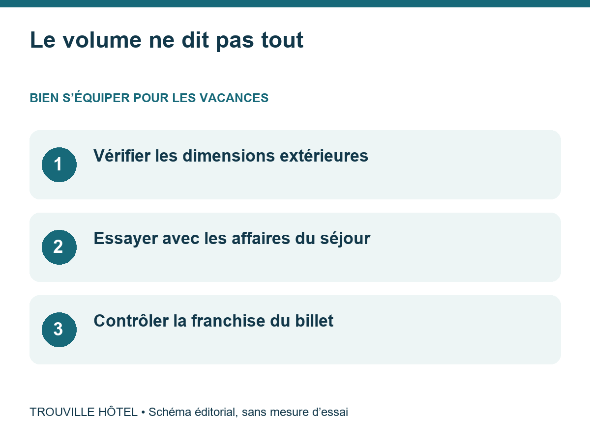 Le volume ne dit pas tout : Vérifier les dimensions extérieures. Essayer avec les affaires du séjour. Contrôler la franchise du billet
