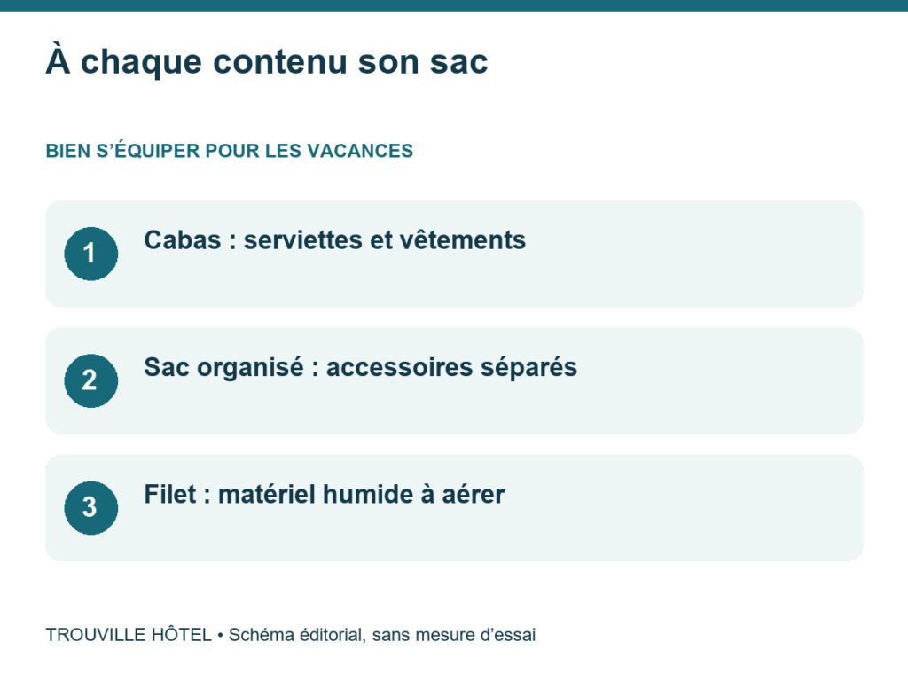 À chaque contenu son sac : Cabas : serviettes et vêtements. Sac organisé : accessoires séparés. Filet : matériel humide à aérer