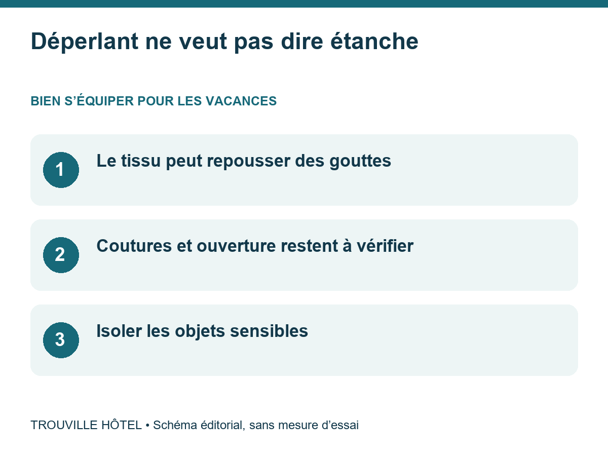 Déperlant ne veut pas dire étanche : Le tissu peut repousser des gouttes. Coutures et ouverture restent à vérifier. Isoler les objets sensibles