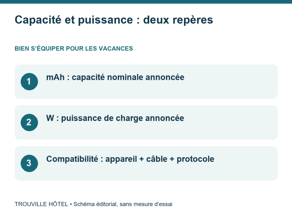 Capacité et puissance : deux repères : mAh : capacité nominale annoncée. W : puissance de charge annoncée. Compatibilité : appareil + câble + protocole