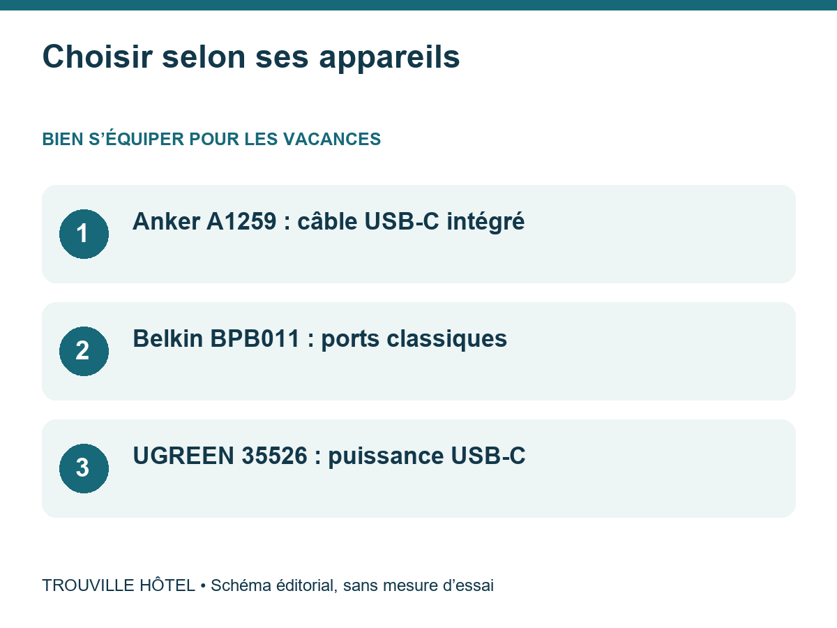 Choisir selon ses appareils : Anker A1259 : câble USB-C intégré. Belkin BPB011 : ports classiques. UGREEN 35526 : puissance USB-C