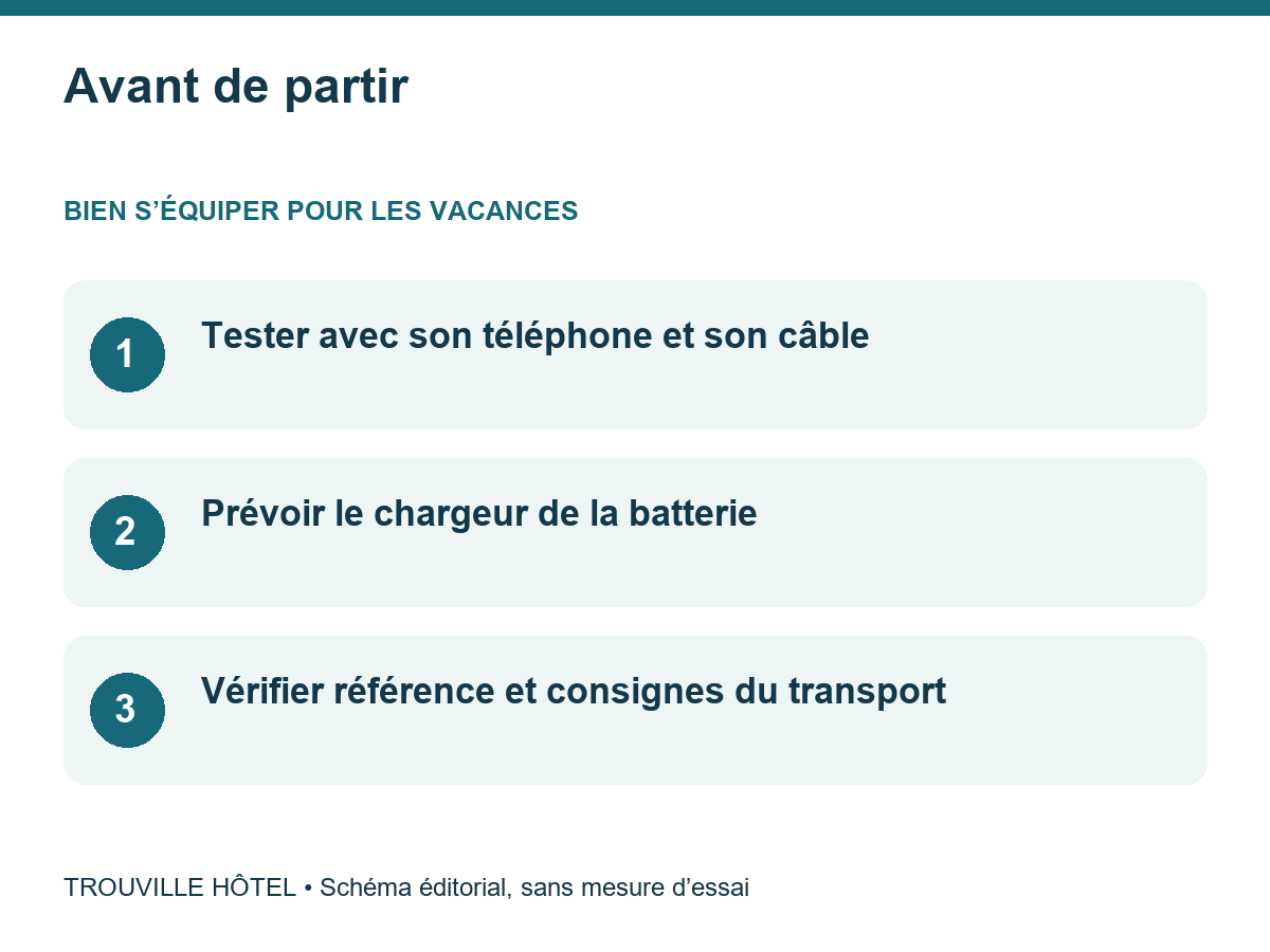 Avant de partir : Tester avec son téléphone et son câble. Prévoir le chargeur de la batterie. Vérifier référence et consignes du transport