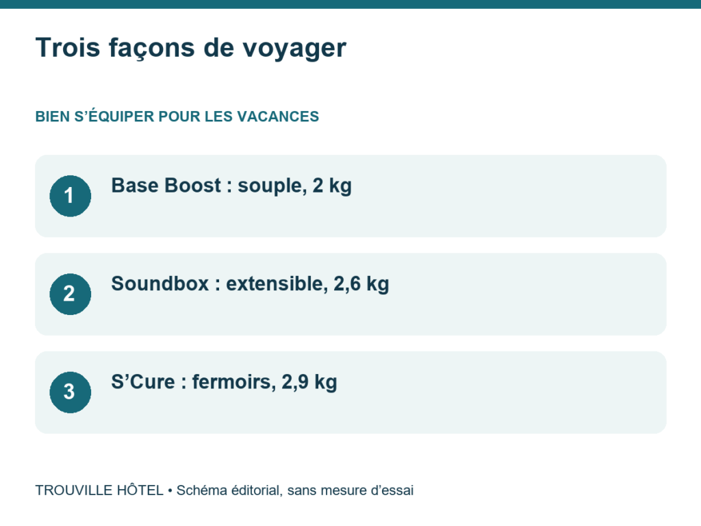 Trois façons de voyager : Base Boost : souple, 2 kg. Soundbox : extensible, 2,6 kg. S’Cure : fermoirs, 2,9 kg