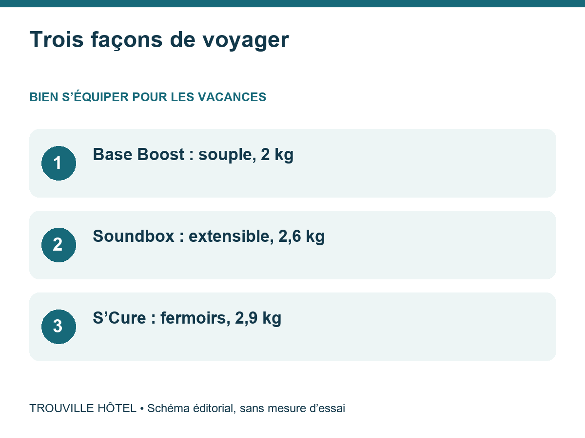 Trois façons de voyager : Base Boost : souple, 2 kg. Soundbox : extensible, 2,6 kg. S’Cure : fermoirs, 2,9 kg