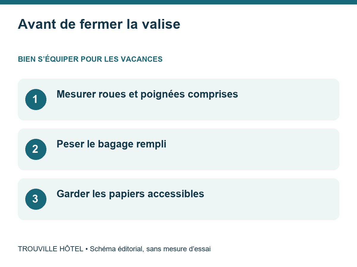 Avant de fermer la valise : Mesurer roues et poignées comprises. Peser le bagage rempli. Garder les papiers accessibles