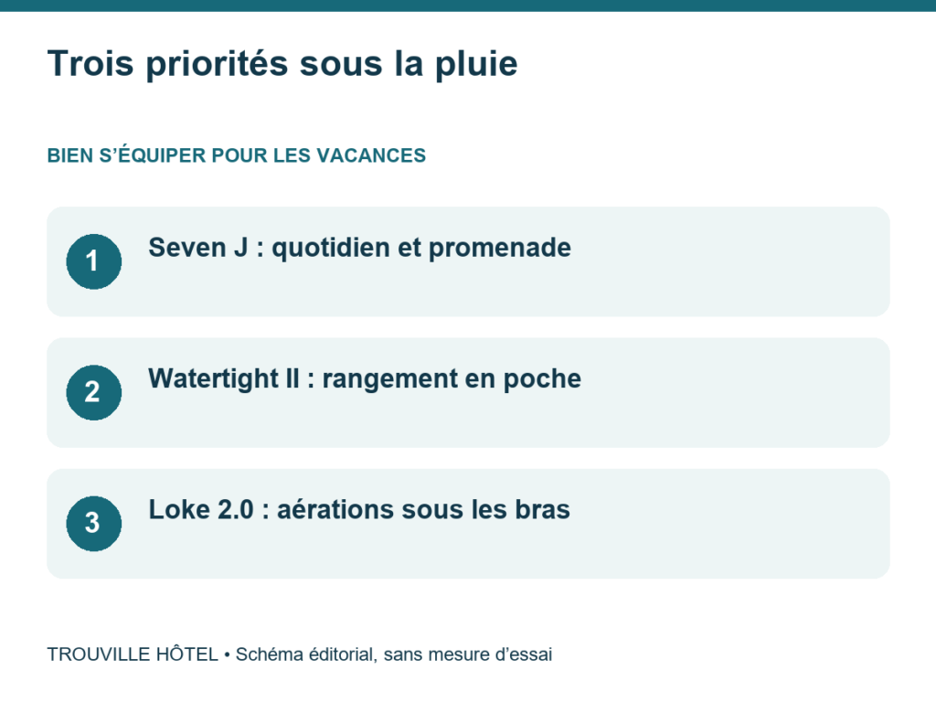 Trois priorités sous la pluie : Seven J : quotidien et promenade. Watertight II : rangement en poche. Loke 2.0 : aérations sous les bras