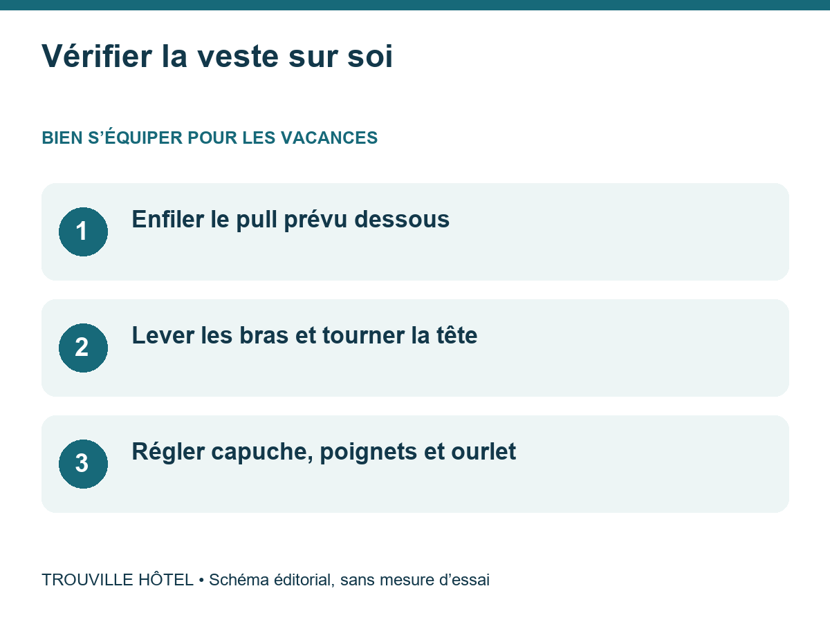 Vérifier la veste sur soi : Enfiler le pull prévu dessous. Lever les bras et tourner la tête. Régler capuche, poignets et ourlet