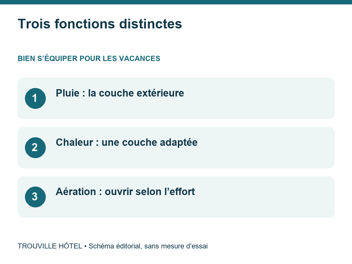 Trois fonctions distinctes : Pluie : la couche extérieure. Chaleur : une couche adaptée. Aération : ouvrir selon l’effort
